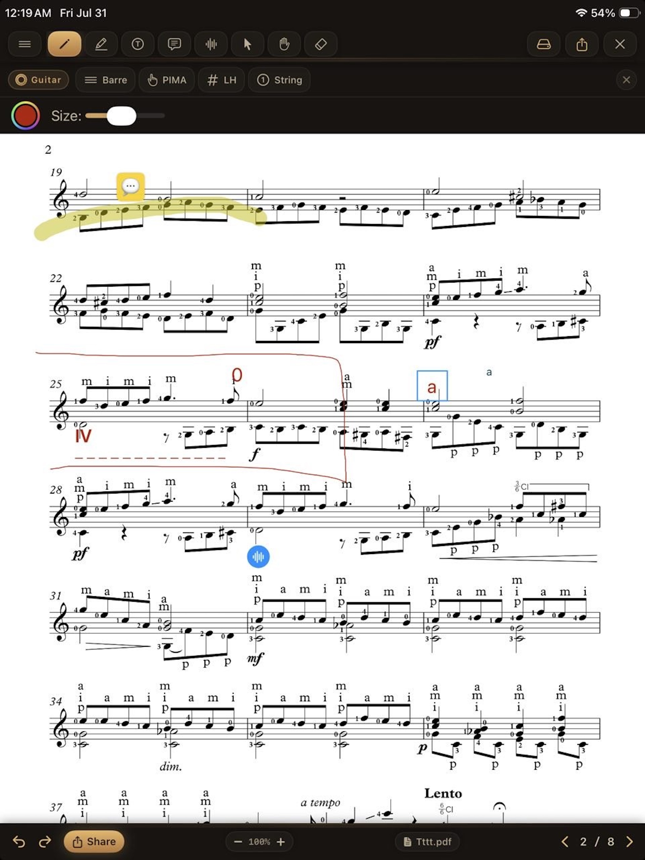 Rusty PIMA PDF editing view on iPad showing sheet music with PIMA stamps, barre notation, red pen marks, a highlighted passage, and an audio pin